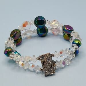 Vintage 1960s AB Crystal Beaded Bracelet, Double Strand, Iridescent Austrian, 7"